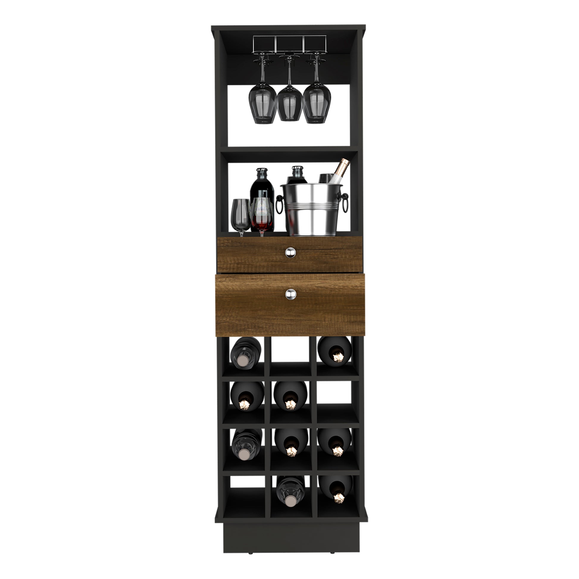 Classic Bar Cabinet, Two Drawers, Twelve Built In Wine Rack Black Walnut Multicolor Dining Room Modern Particle Board Shelves Included Particle Board