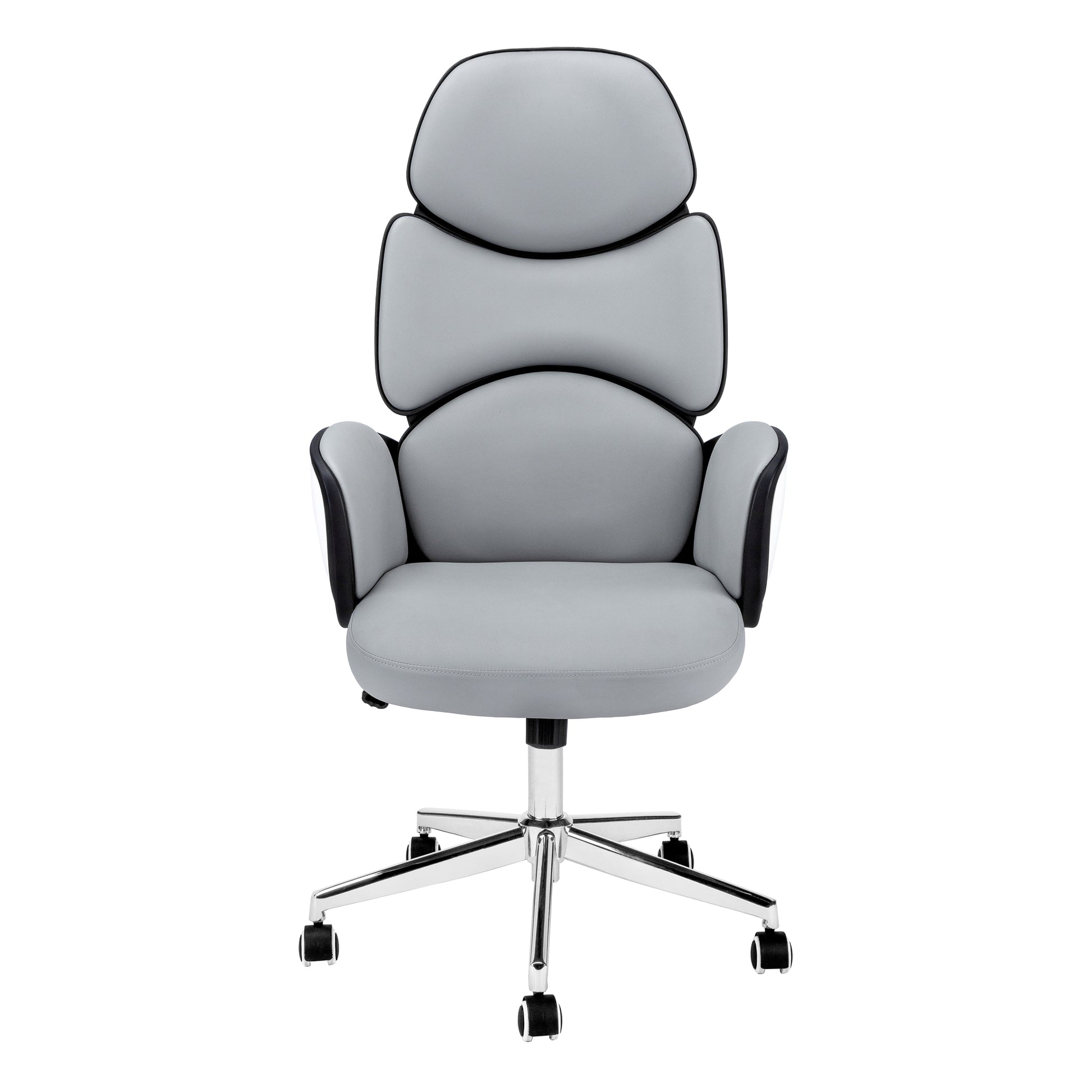 Office Chair, Adjustable Height, Swivel, Ergonomic, Armrests, Computer Desk, Work, Grey Leather Look, Chrome Metal, Contemporary, Modern White Foam Faux Leather