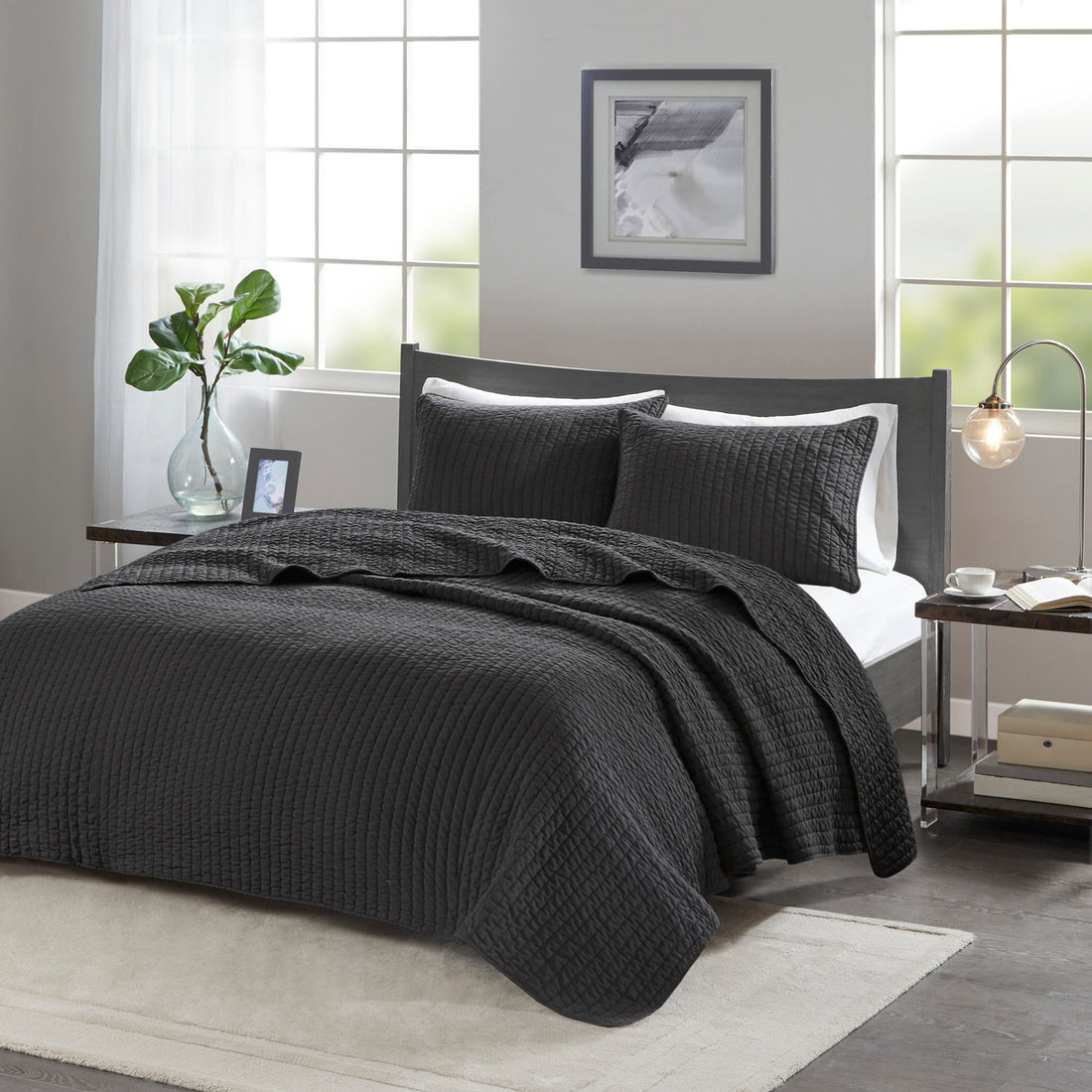3 Piece Quilt Set Black Full Queen Full Black Microfiber