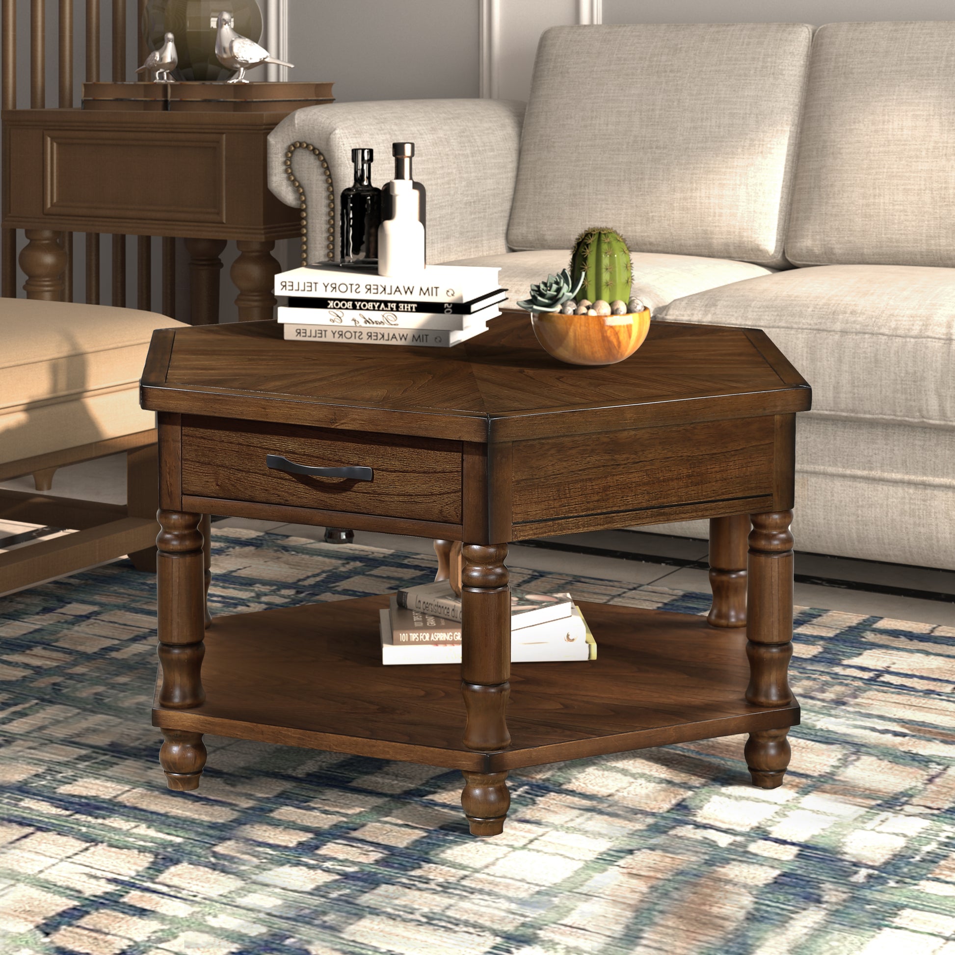 2 Tier Retro Hexagon Living Room Solid Wood Coffee Table With Shelf & Drawer, 36'' Mid Century Center Coffee Table For Living Room, Office. Cherry Cherry Pine