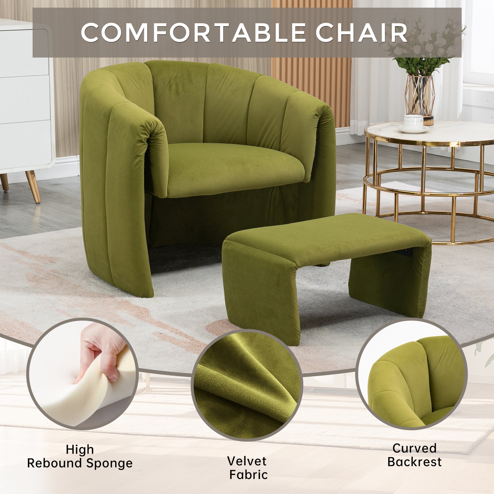 Coolmore Accent Chair With Ottoman, Mid Century Modern Barrel Chair Upholstered Club Tub Round Arms Chair For Living Room Bedroom Office Olive Green Velvet Olive Green Foam Velvet