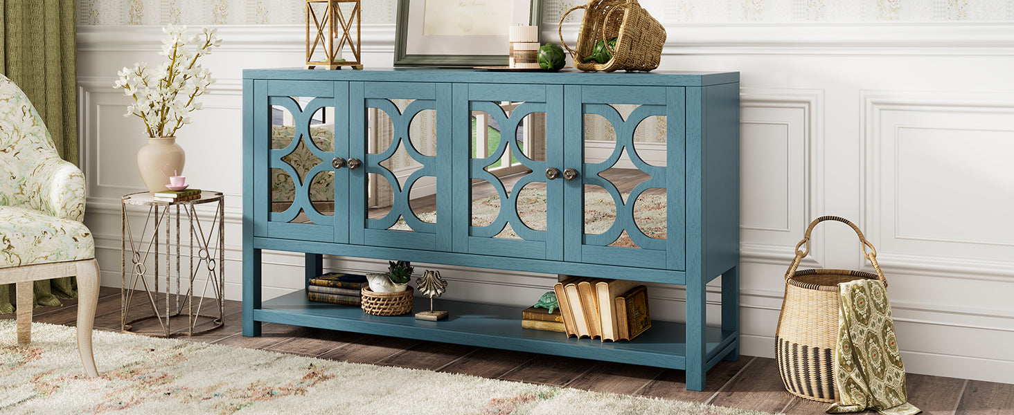 Elegant Retro Console Table Storage Cabinet Sideboard With Mirrored Doors, Spacious Shelves, And Durable Acacia Wood Legs Perfect For Living Room, Dining Room, Or Entryway Antique Navy Antique Navy Primary Living Space Solid Wood Mdf