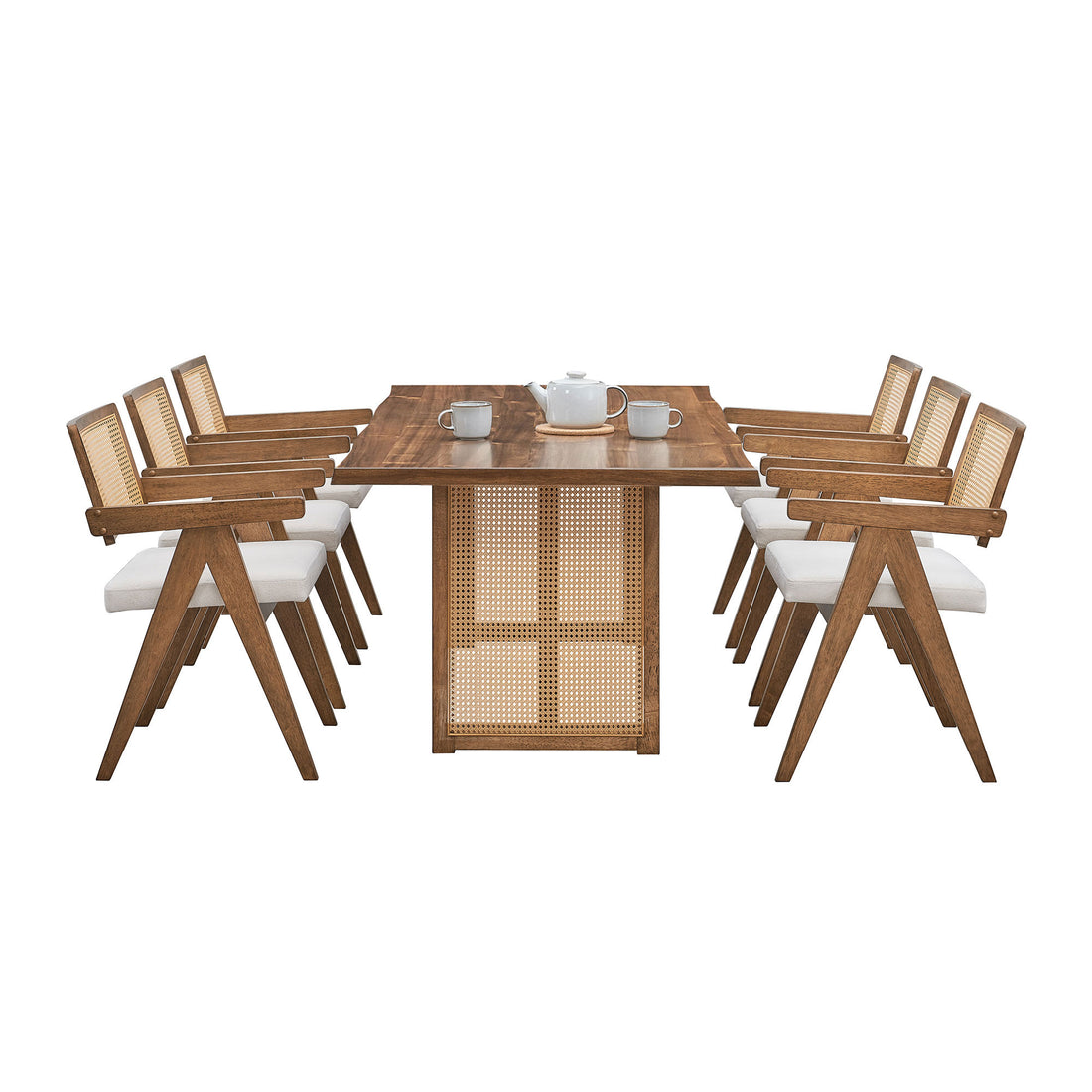 86.61 Inch Oversize Rectangular Dining Set,7 Pcs Wooden Dining Table And Chairs,Mid Century Modern Large Kitchen Set For Living Room,Bohemian Dining Table With Rattan Weave For Restaurant,Office,Oak