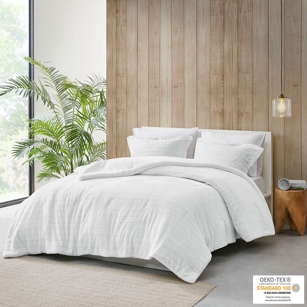 Plush To Sherpa Comforter Set King Ivory Polyester