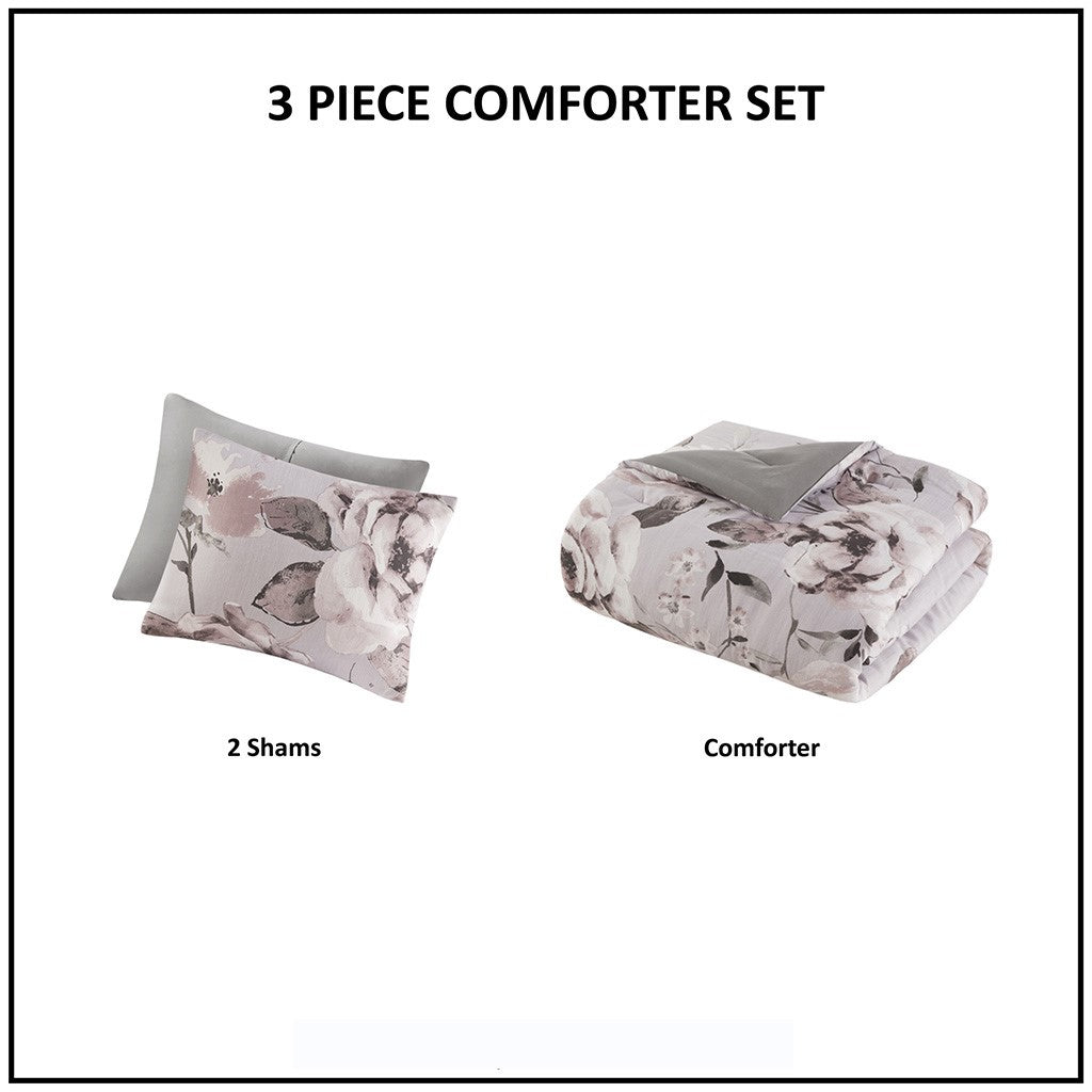 3 Piece Floral Printed Comforter Set Lilac Full Queen Full Lilac Cotton