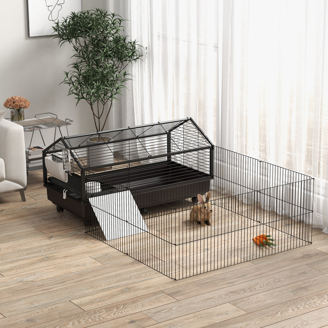 Pawhut Small Animal Cage With Foldable Run Area, Rolling Bunny Cage, Guinea Pig Cage, Hedgehog Cage With Water Bottle, Water Bowl, And Ramps, 46.5" Black Steel