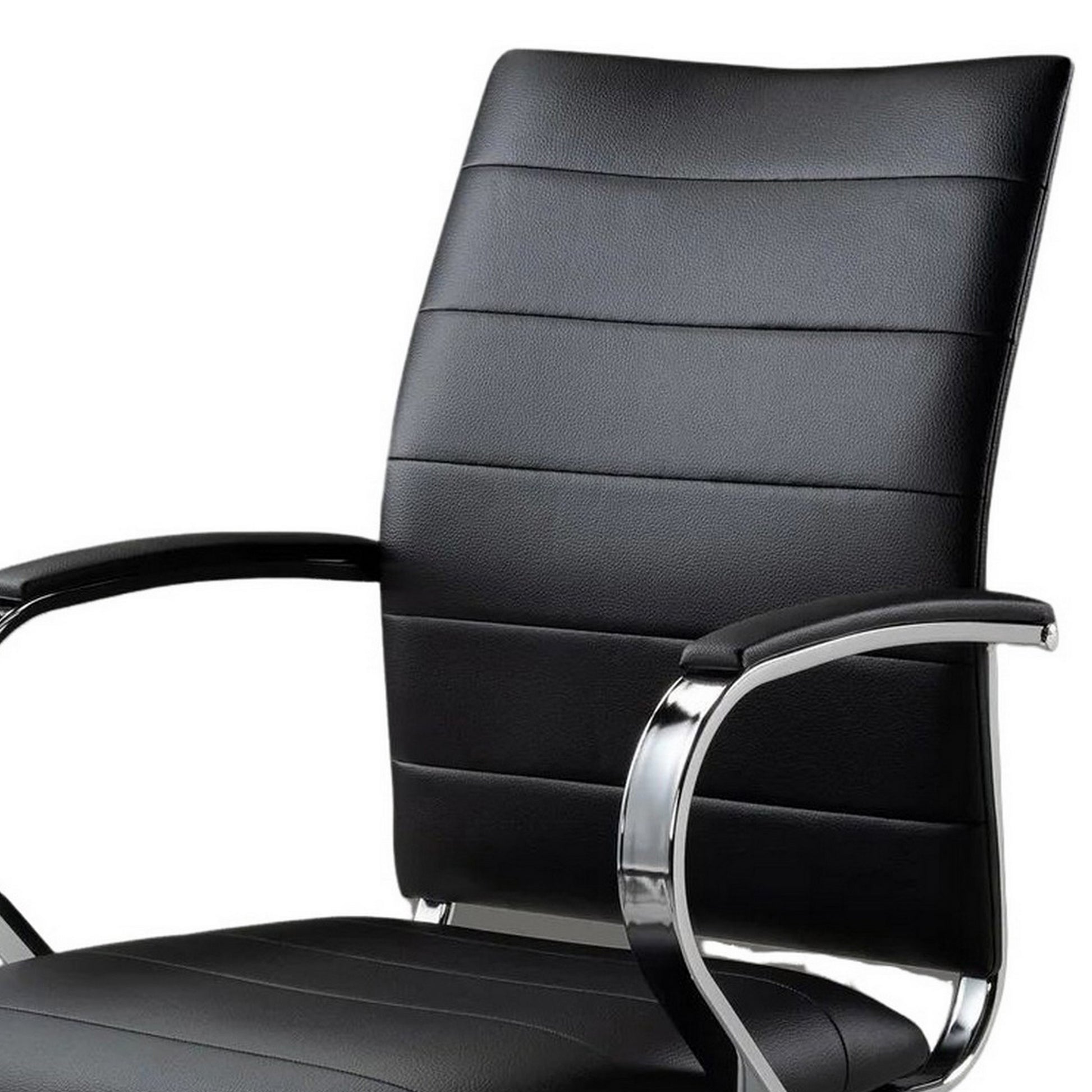 Zoha 27 Inch Adjustable Swivel Office Chair, Black Faux Leather, Chrome Black Fabric Metal