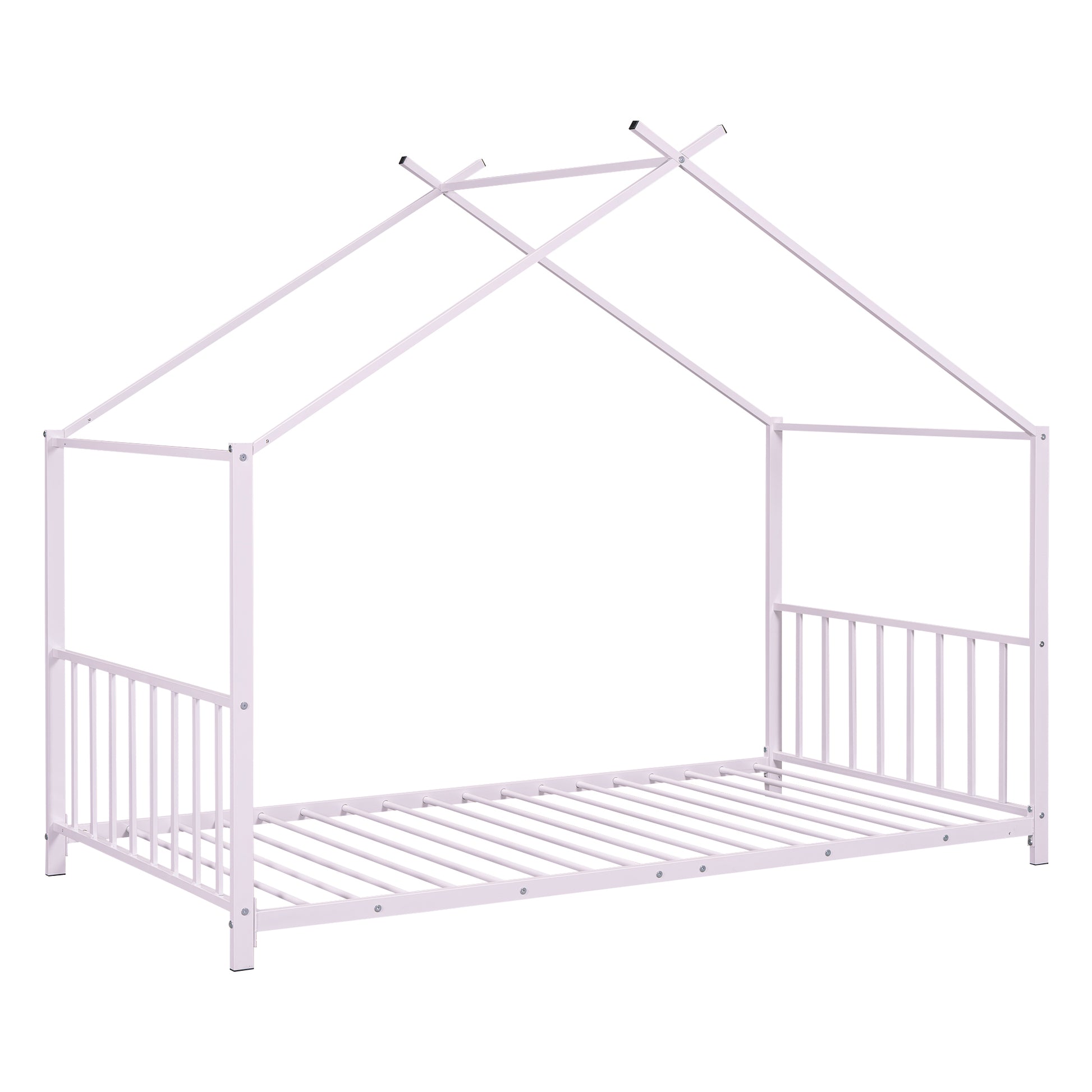 Twin Size Metal House Platform Bed, Pink Box Spring Not Required Twin Pink Metal Bedroom Bed Frame Metal