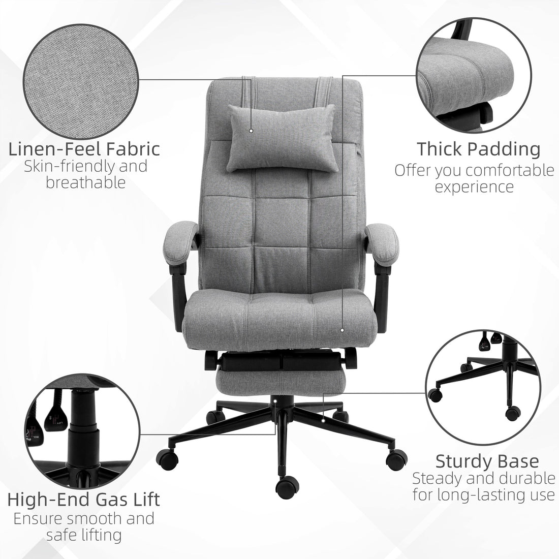 Vinsetto Executive Linen Feel Fabric Office Chair High Back Swivel Task Chair With Adjustable Height Upholstered Retractable Footrest, Headrest And Padded Armrest, Light Grey Grey Polyvinyl Chloride