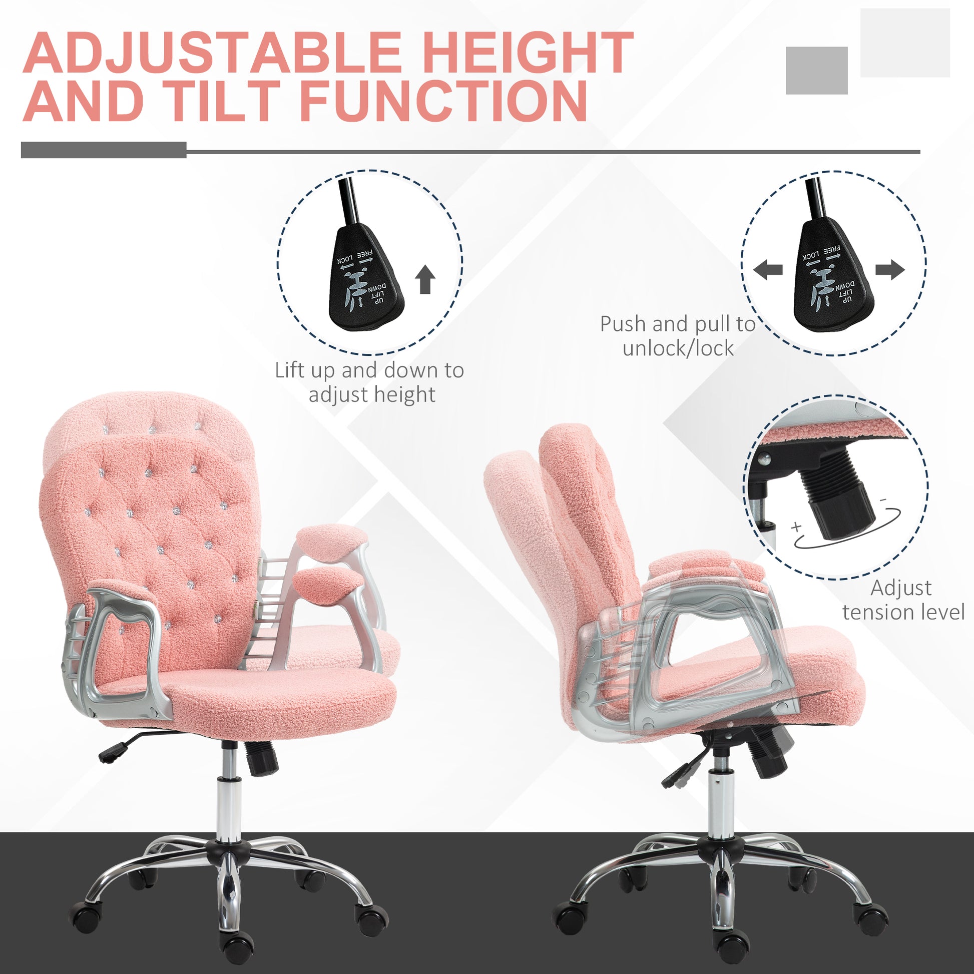 Vinsetto Teddy Fleece Home Office Chair, Button Tufted Desk Chair With Padded Armrests, Adjustable Height And Swivel Wheels, Pink Pink Steel