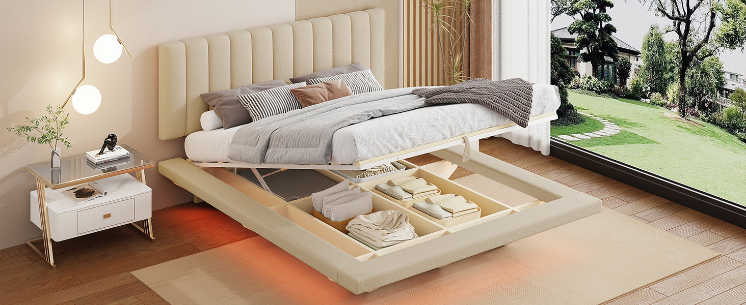 Queen Size Upholstered Floating Bed With Led Light And Usb Port, Velvet, Beige, Hydrualic Platform Bed Queen Beige Velvet