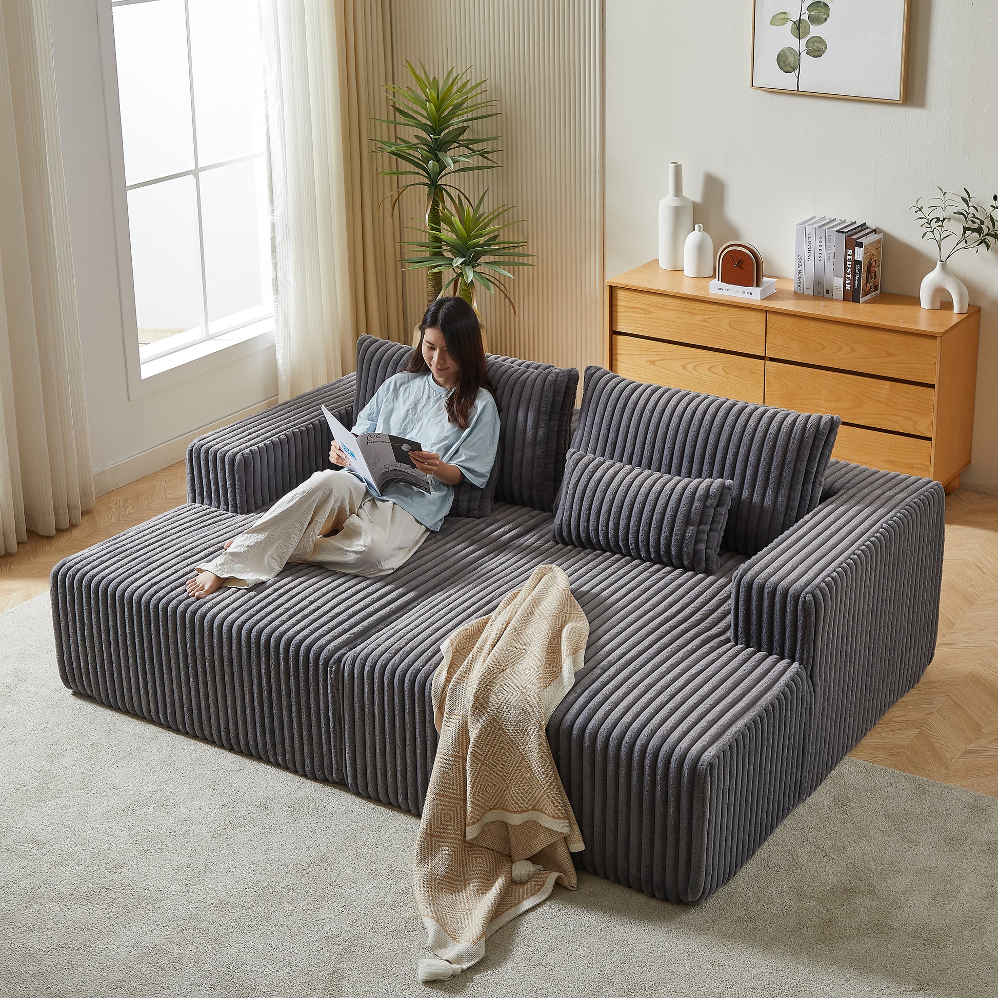 87" Oversized Sectional Lounge Chaise ,No Assembly Required,Cloud Plush Loveseat With Reclining Sofa Bed,Fluffy Modern Sleeper Chair For Indoor Living Room Bedroom Grey Corduroy 2 Seat