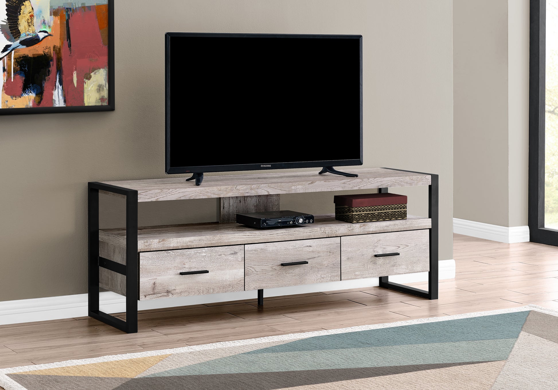 Tv Stand, 60 Inch, Console, Media Entertainment Center, Storage Drawers, Living Room, Bedroom, Beige Laminate, Black Metal, Contemporary, Modern Taupe 80 89 Inches Particle Board