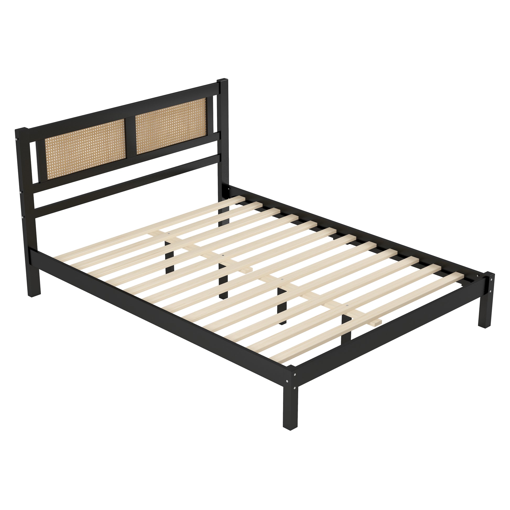 3 Pieces Bedroom Sets Queen Size Wooden Platform Bed With Natural Rattan Headboard, Nightstands Set Of 2 With Rattan Woven Surfaces And Three Drawers For Bedroom, Black Black Particle Board