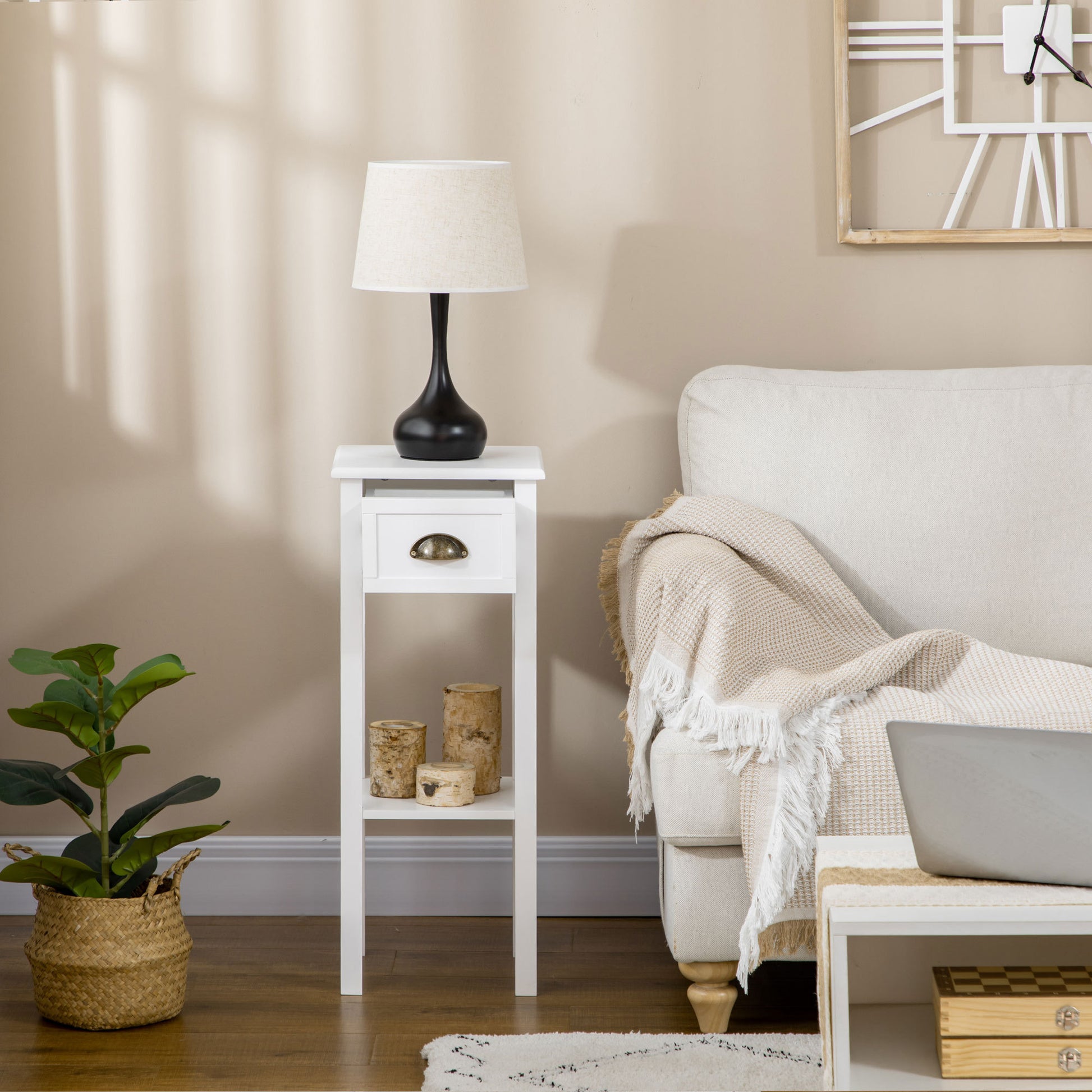 Homcom 2 Tier Side Table With Drawer, Narrow End Table With Bottom Shelf, For Living Room Or Bedroom, White White Mdf