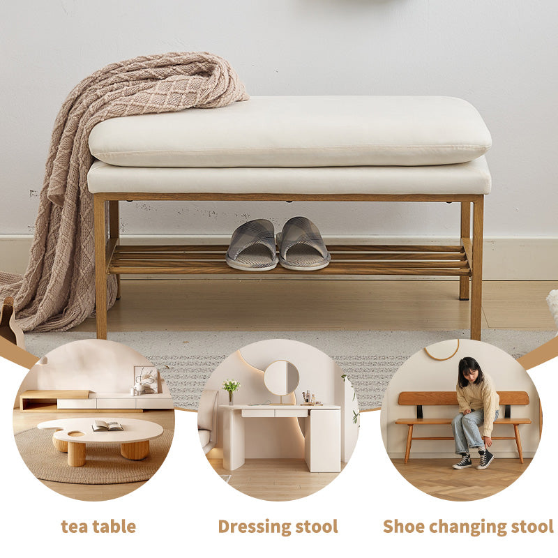 End Of Bed Bench With Shelf, Linen Upholstered Storage Shoe Bench, Modern Bedroom Bench With Metal Legs For Living Room, Entryway, Dining Room, 300 Lb, Linen Color Beige Beige Polyester Blend