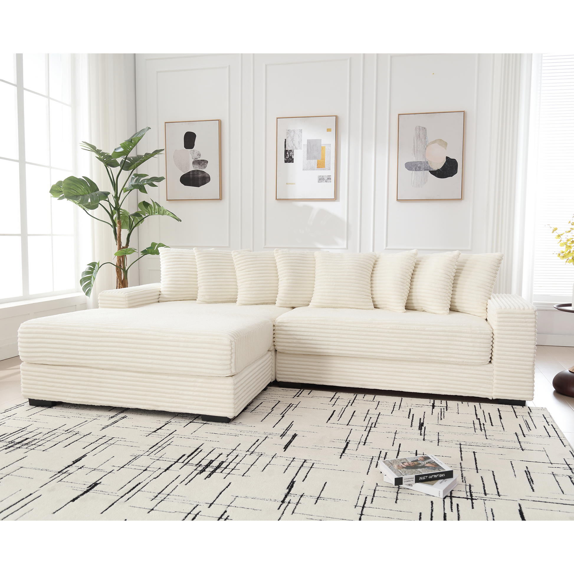 Arrived Oversized Two Piece Couches, L Shaped Sofa, Corduroy, Left Chaise Daybed,With Armrests,Eight Throw Pillows,Corner Sofa,Easy To Assemble, Beige Beige Polyester Wood Primary Living Space Pillow Back Medium Soft Modern Square Arms Wood 3 Seat