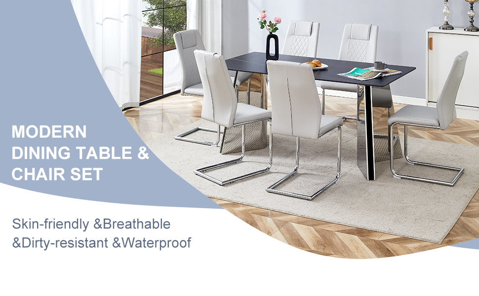 Table And Chair Set.63"X31.5X30" Black Marble Patterned Slabs Tabletop With Stainless Steel Butterfly Legs.Paried With 6 Light Gray High Quality Pu Chairs With Silver Metal Legs. Light Gray,Silver