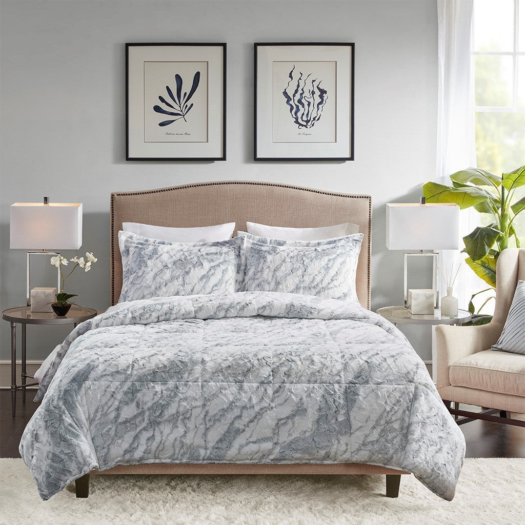 Marble Faux Fur Comforter Set Queen Grey Blue Marble