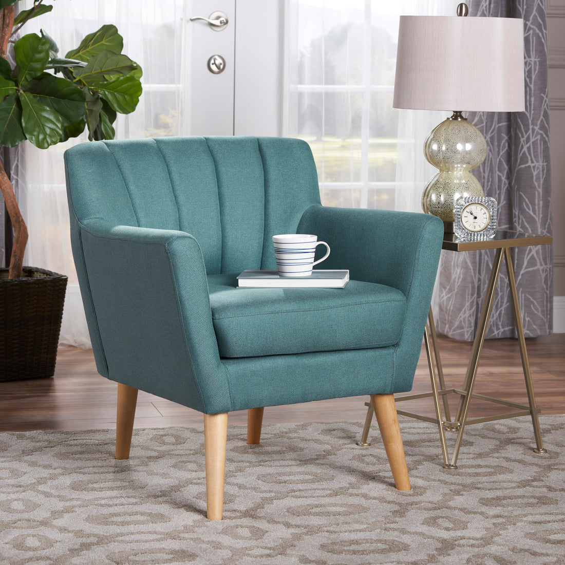 Mid Century Modern Fabric Club Chair, 28.30" W X 27.60" D X 31.50" H, Dark Teal Natural Teal Linen