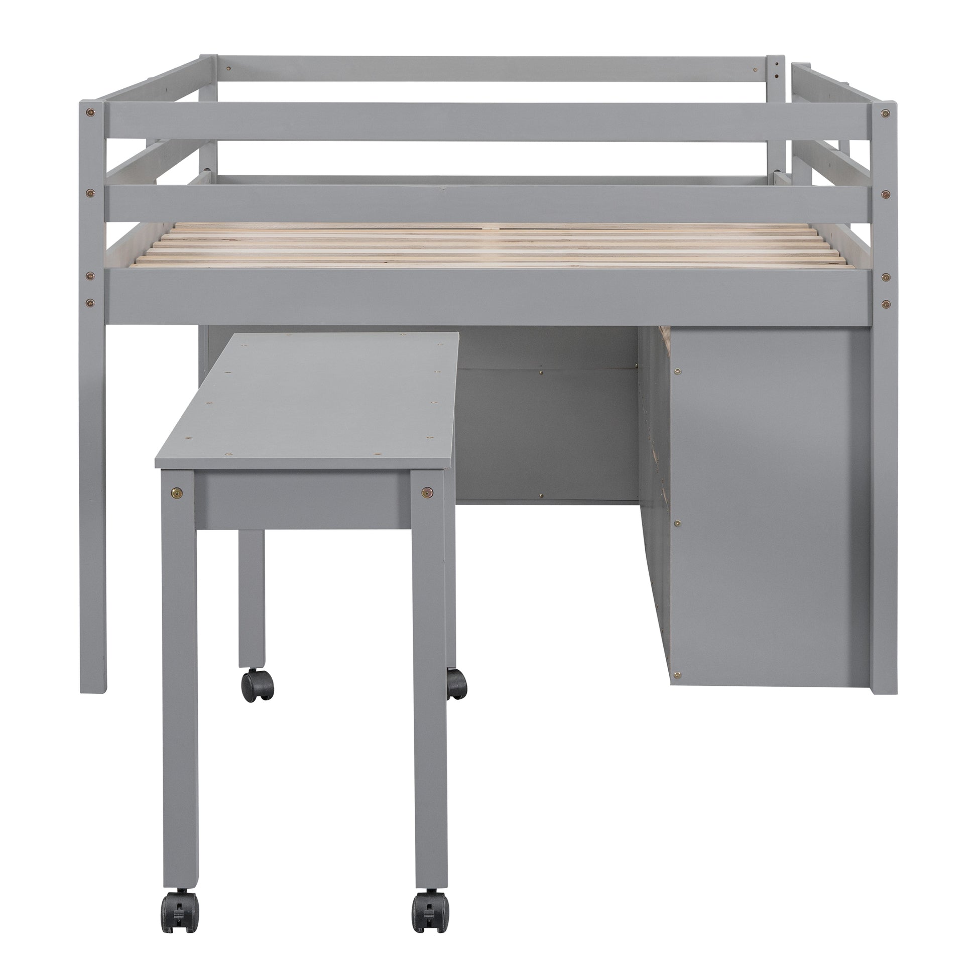 Full Size Loft Bed With Retractable Writing Desk And 4 Drawers, Wooden Loft Bed With Lateral Portable Desk And Shelves, Gray Full Gray Solid Wood Mdf