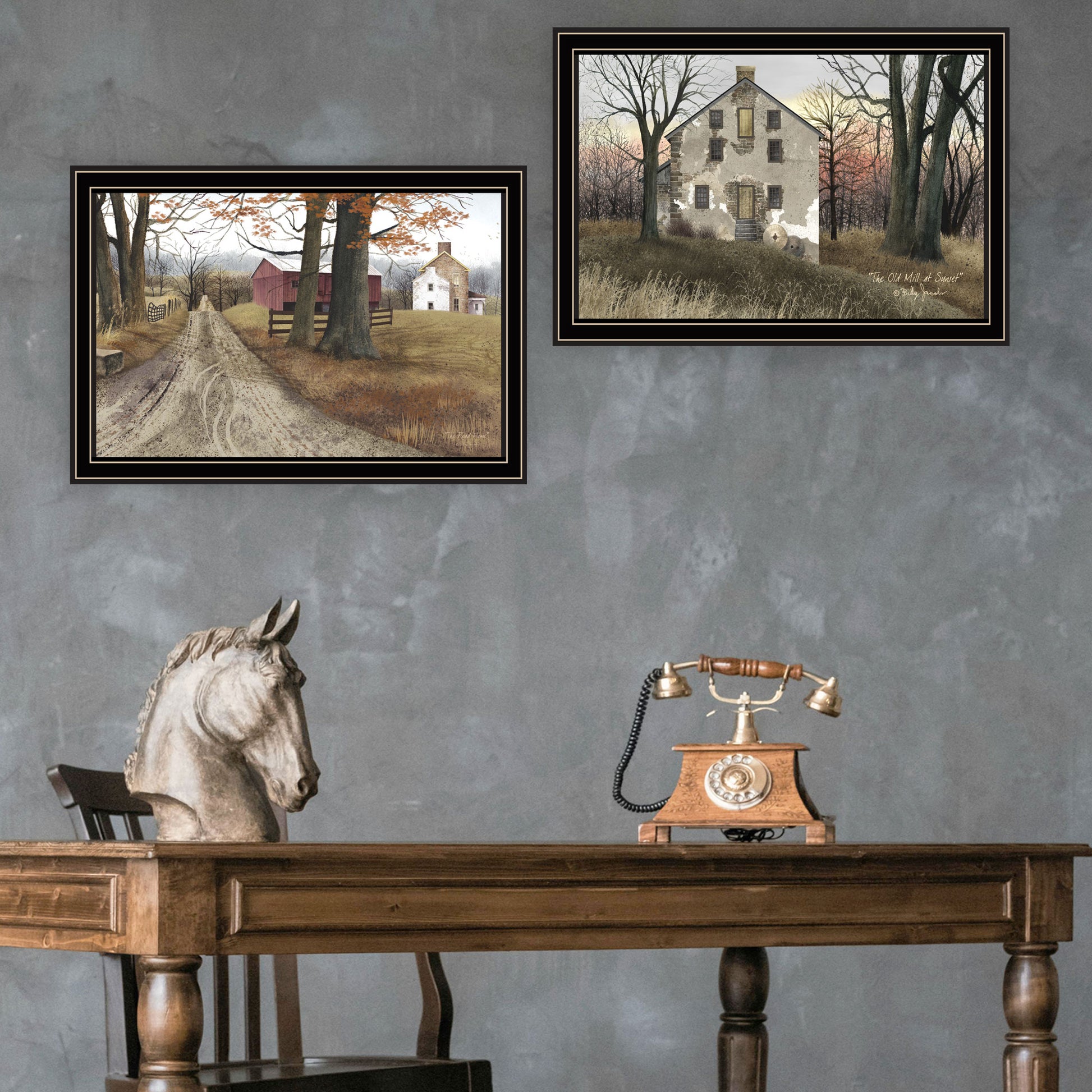 2 Piece Vignette The Old Mill & A Road Home Black Framed Wall Art For Living Room, Bedroom Wall Art Print For Home Decor By Billy Jacobs Multicolor Wood Paper