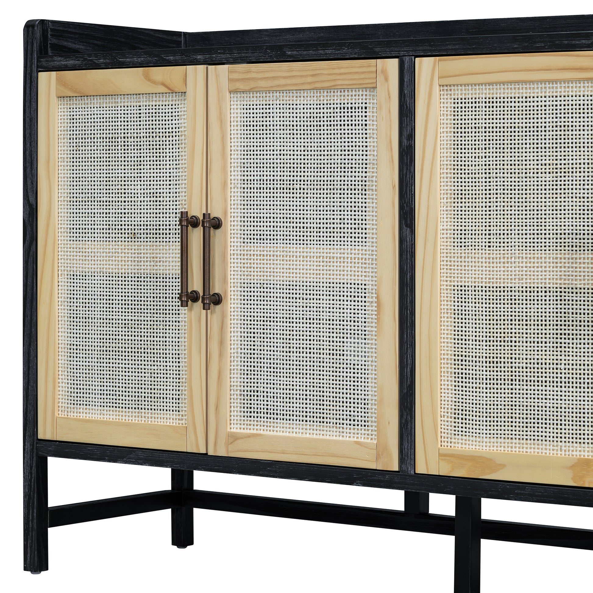 Sideboard Rustic Buffet Cabinet, Sideboard Cabinet With Decorative Rattan Doors, Buffet Cabinet With Storage For Entryway Dining Room Kitchen Living Room, Black Natural Black Natural Mdf