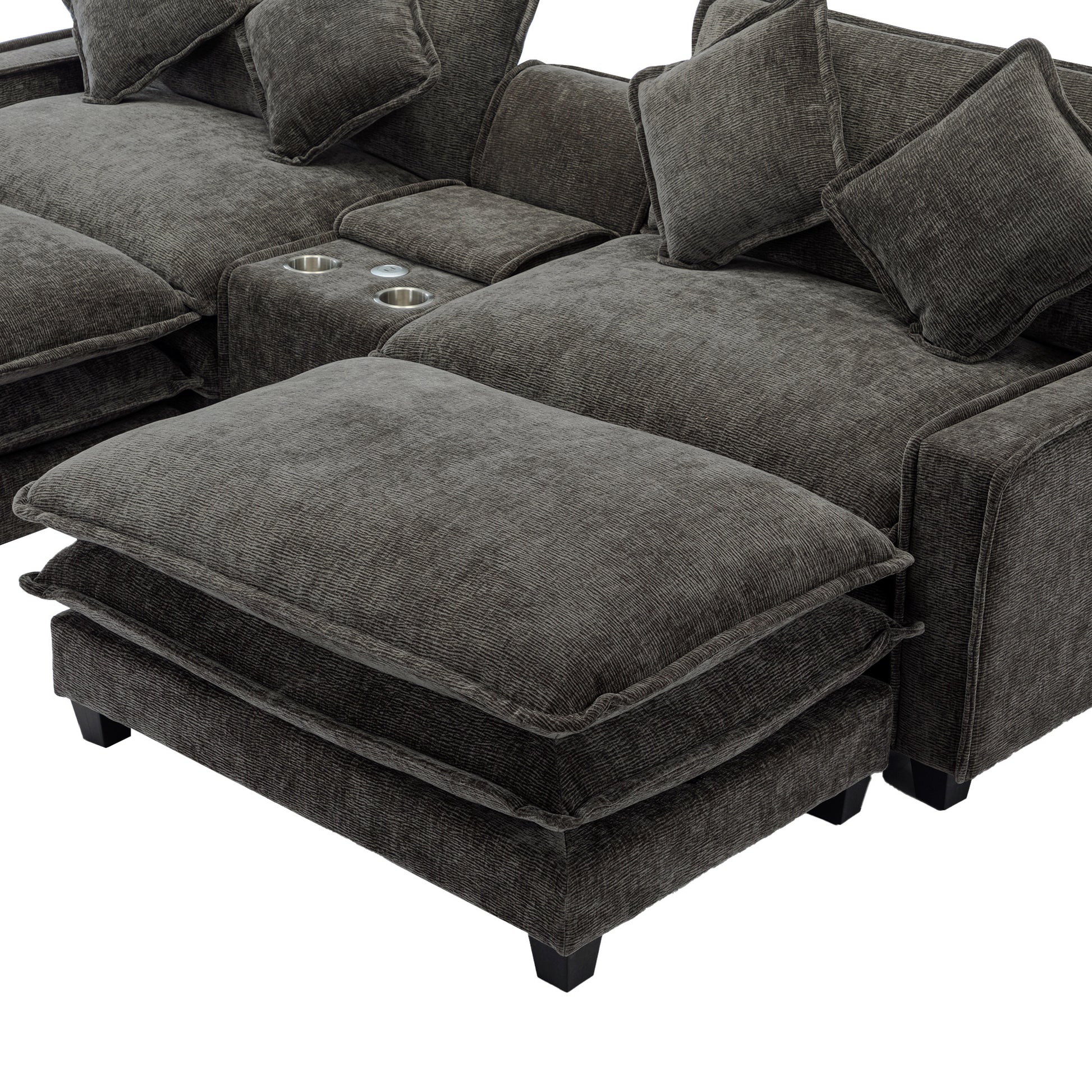 112.6" Sectional Sofa Chenille Upholstered Sofa With Two Removable Ottoman, Two Usb Ports, Two Cup Holders And Large Storage Box For Living Room, Black Black Foam Chenille 2 Seat