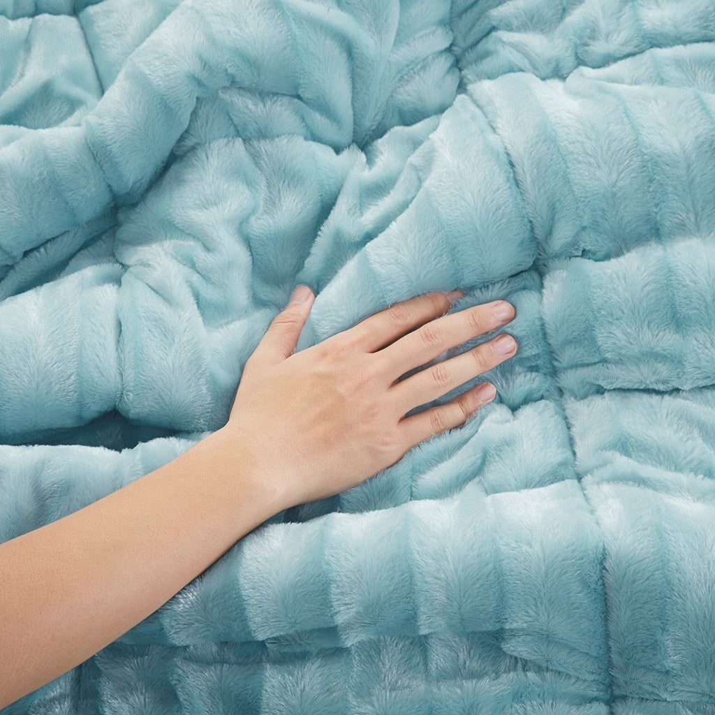 Faux Fur Comforter Mini Set King Teal Blue Polyester