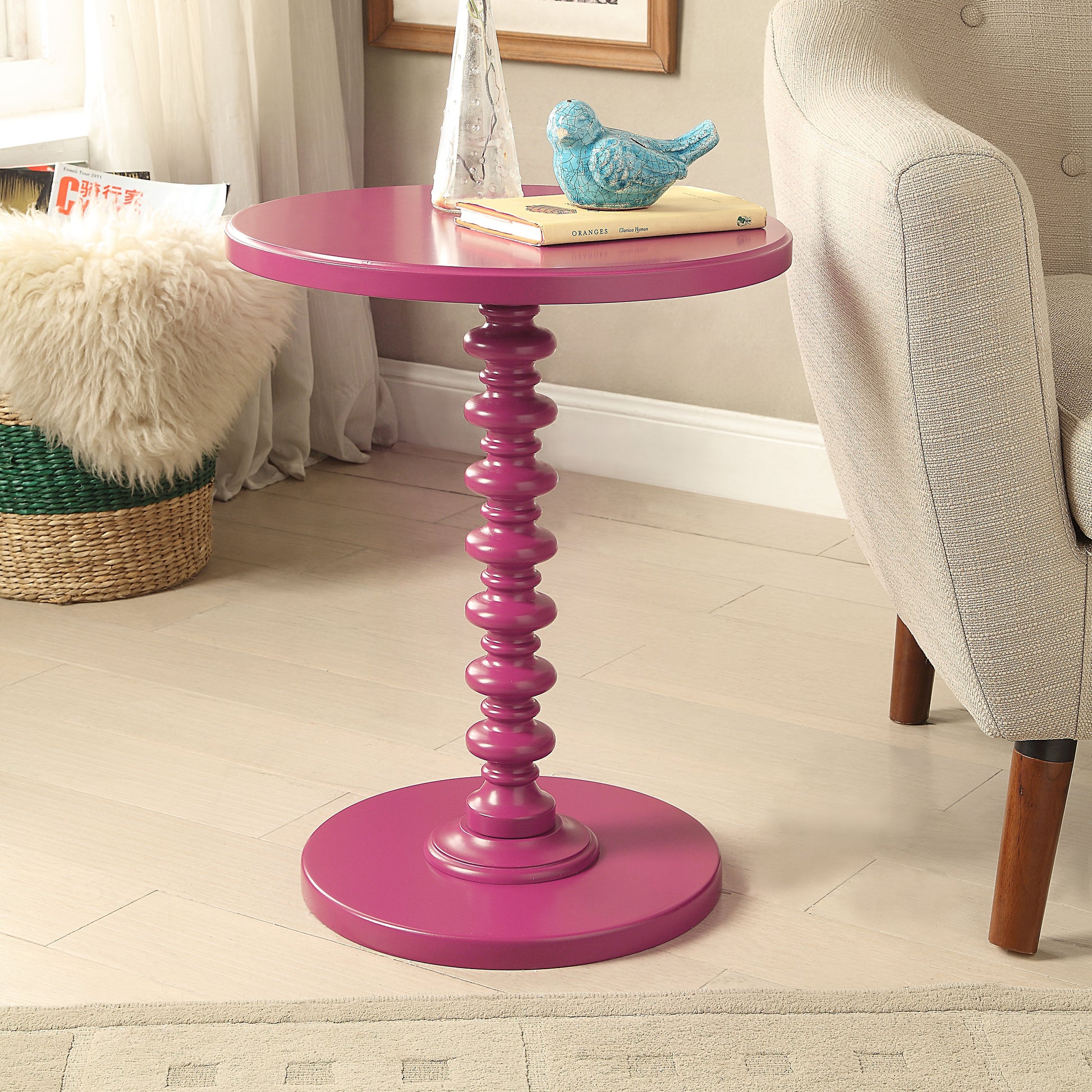 Purple Accent Table With Pedestal Base Purple Primary Living Space Round Solid Wood Mdf Pedestal