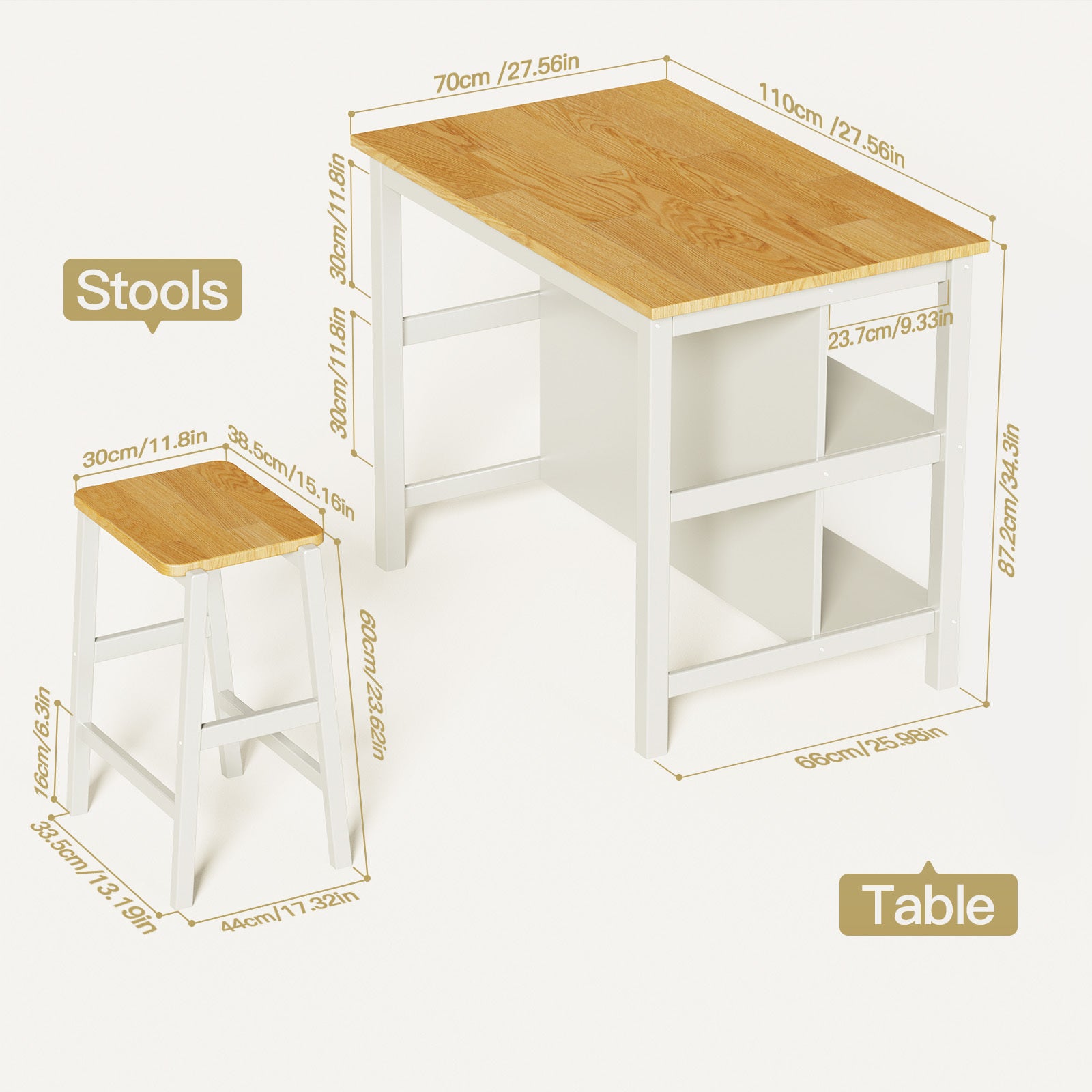 3 Pcs Dining Table Set Rustic Retro Breakfast Table Dining Stools Rubber Wood For 2 With Two Open Shelves For Small Space Kitchen Dining Room Cream White White Rubber Wood