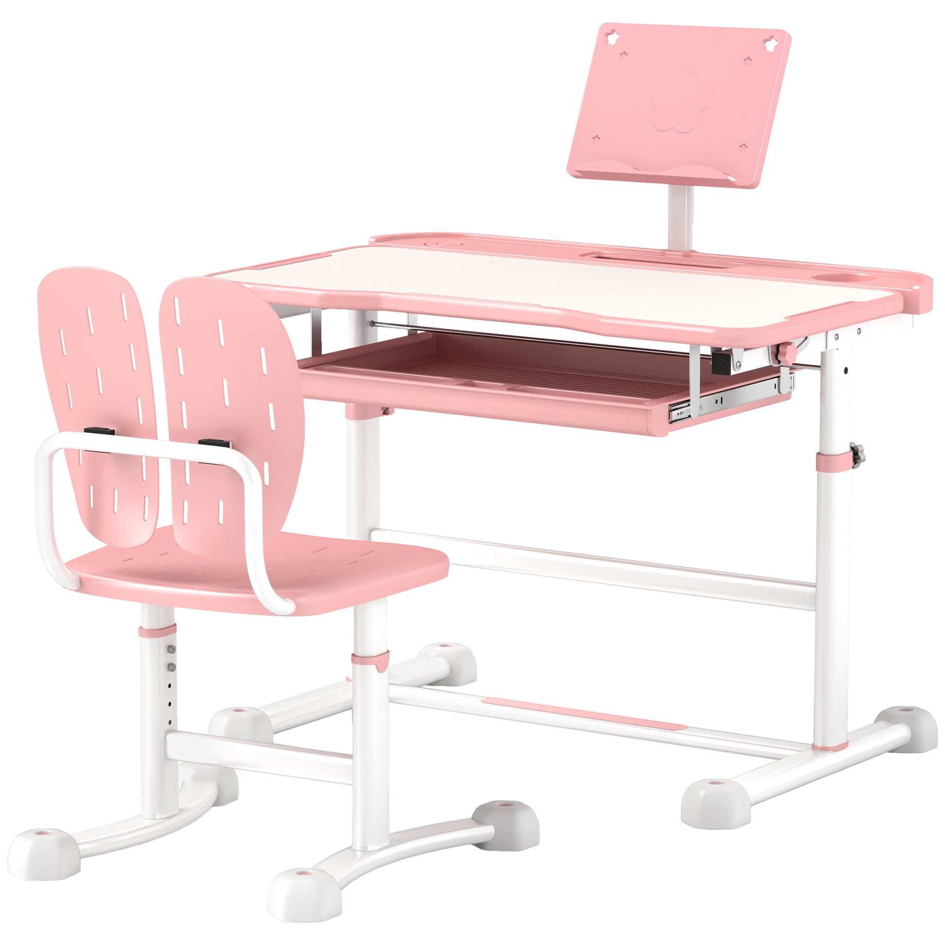 Qaba Kids Desk And Chair Set, Height Adjustable Kids School Study Desk And Chair Set With Tilt Desktop, Storage Drawer & Book Stand For Writing, Reading And Drawing, Pink Pink Plastic