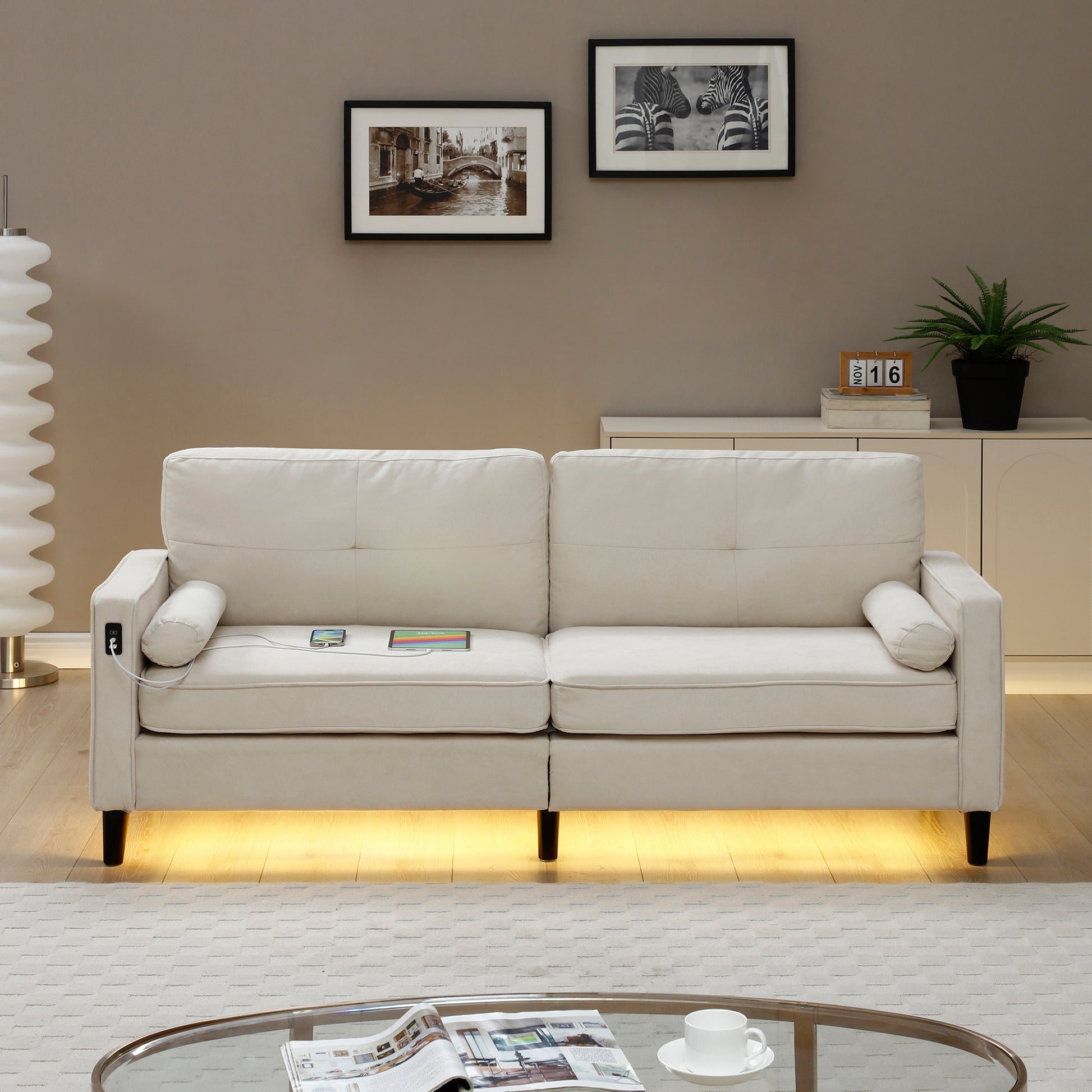 75.2"Inch Modern Sofa Couch With 2 Side Pockets, Modern Sofa With 2 Usb Ports On The Armrest, Power Sofa Set With Led Lights, Linen Fabric 3 Seat For Living Room, Apartment,Office,Beige, 3Colors Beige Linen Wood Primary Living Space Modern Foam Linen 3