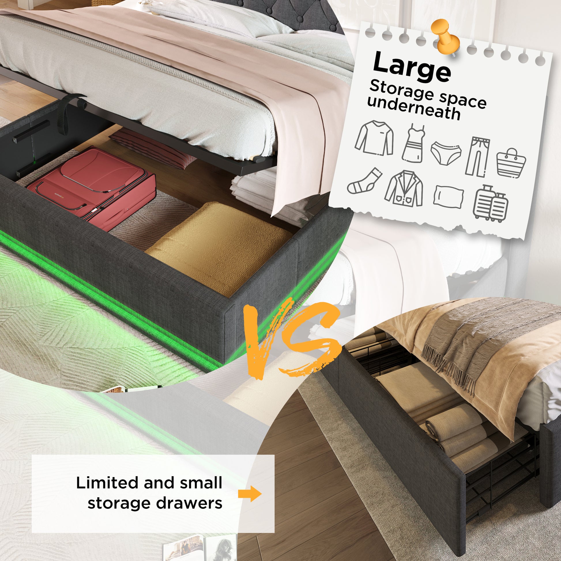 Twin Size Upholstered Bed, 360 Surround Led Function, Buttons Apps Remote Control, Hydraulic Storage Bed With Usb Type C Charging, Gray,Linen Without Mattress Twin Gray Linen