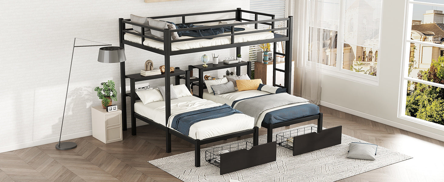 Full Xl Over Twin & Twin Triple Bunk Bed With Drawers,Multi Functional Metal Frame Bed, Bed Head With Shelving, Black Full Xl Black Metal