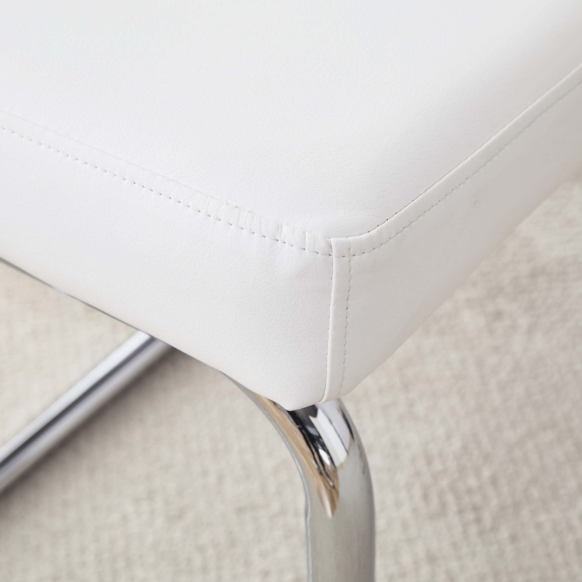 Table And Chair Set. Large Modern Rectangular Table With White Textured Top And Silver Metal Legs. Soft And Comfortable Pu Seats, Faux Leather Upholstered Seats And Sturdy Metal Legs. White Mdf Metal
