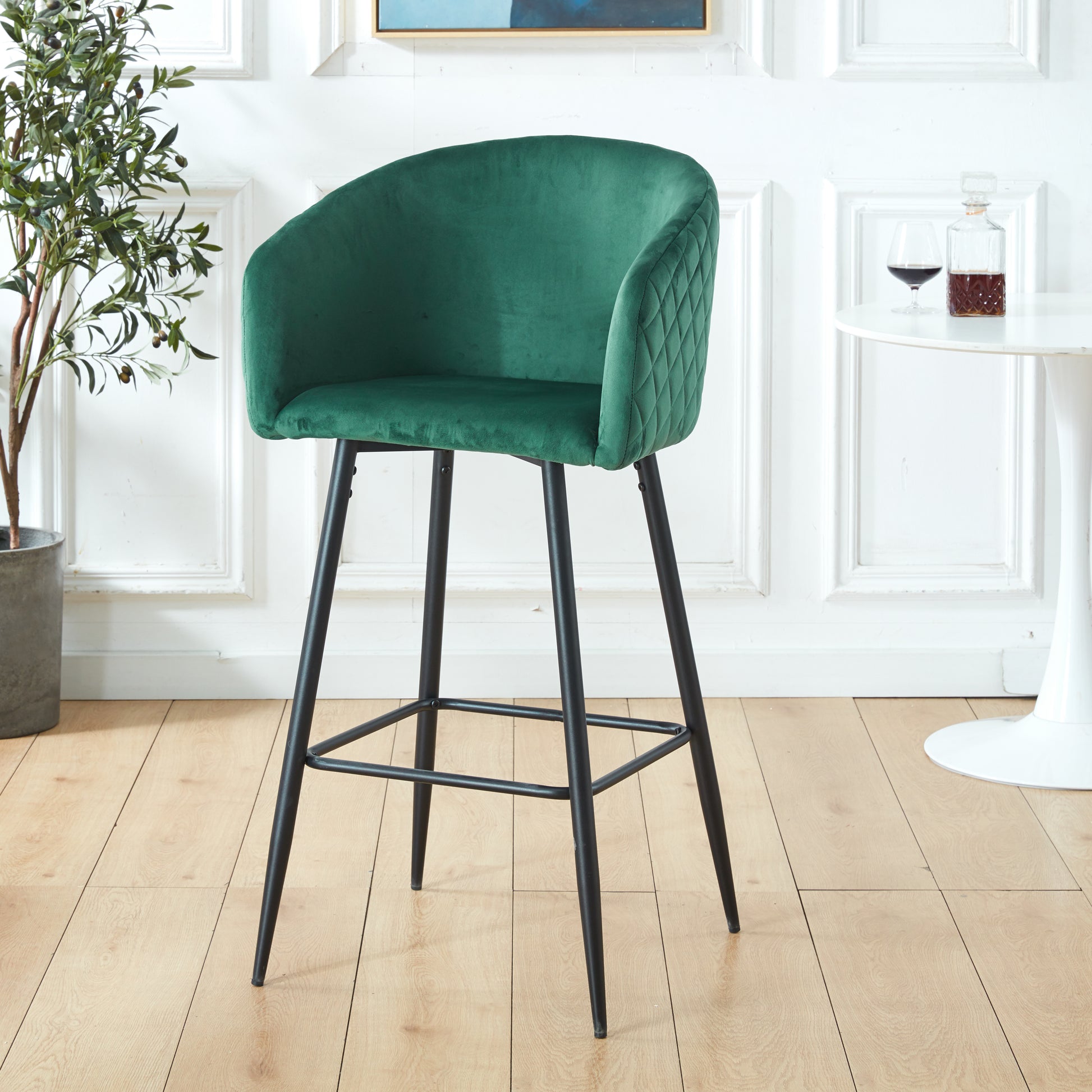 Counter Height Bar Stool, Set Of 2, Black Metal Legs, Velvet Upholstered For Pub, Restaurant, Kitchen Island Green Green Fabric Metal