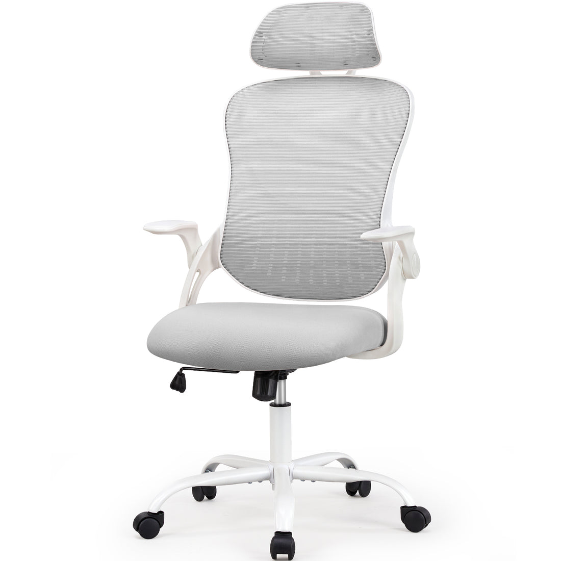 Office Chair, Comfortable Swivel Chair With High Back, Wheels, Adjustable Headrest, Comfortable Lumbar Support, Flip Arm, Pink Grey Stainless Steel