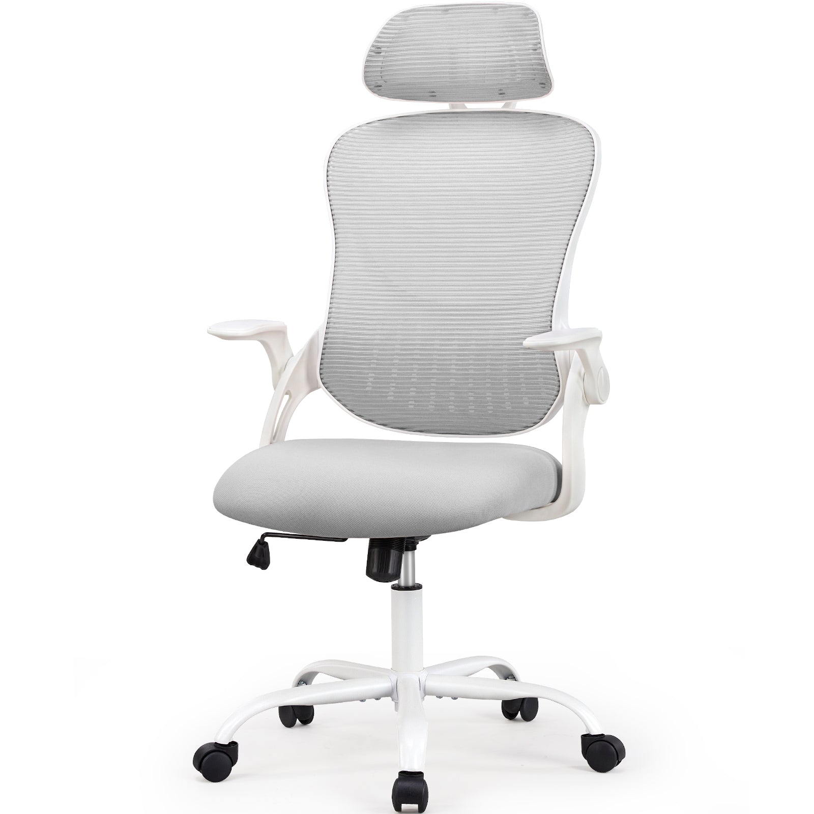 Office Chair, Comfortable Swivel Chair With High Back, Wheels, Adjustable Headrest, Comfortable Lumbar Support, Flip Arm, Pink Grey Stainless Steel