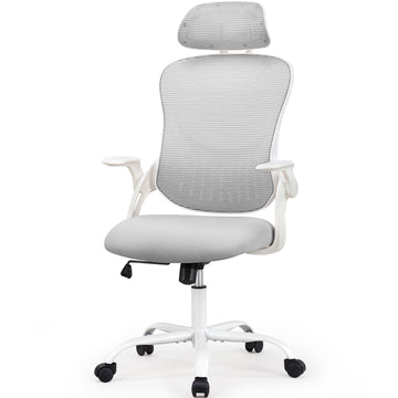 Office Chair, Comfortable Swivel Chair With High Back, Wheels, Adjustable Headrest, Comfortable Lumbar Support, Flip Arm, Pink Grey Stainless Steel
