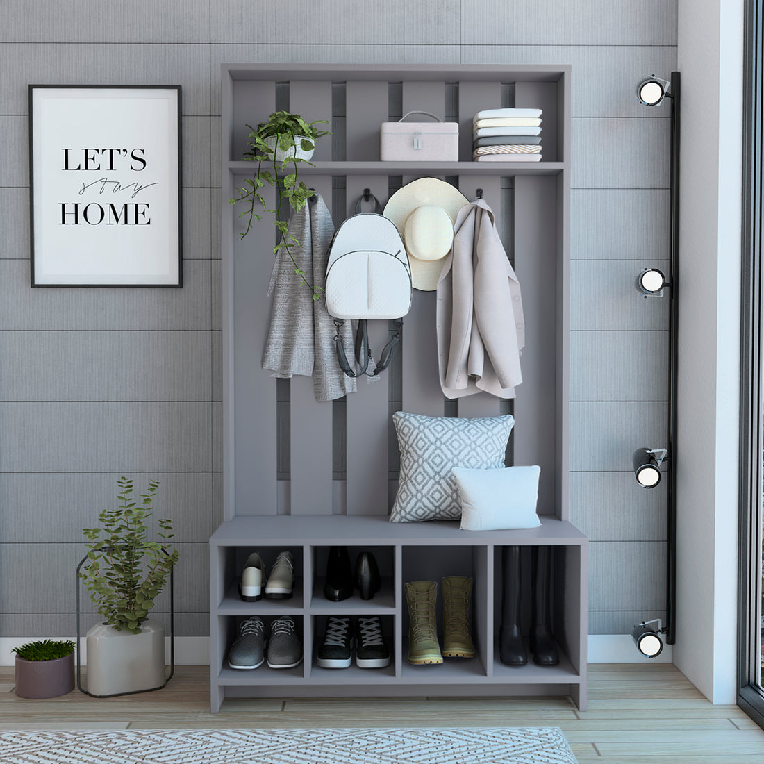Tulcan 38" Wide Hall Tree With Bench And Shoe Storage, Entryway Bench With Coat Rack Smoke Grey Particle Board