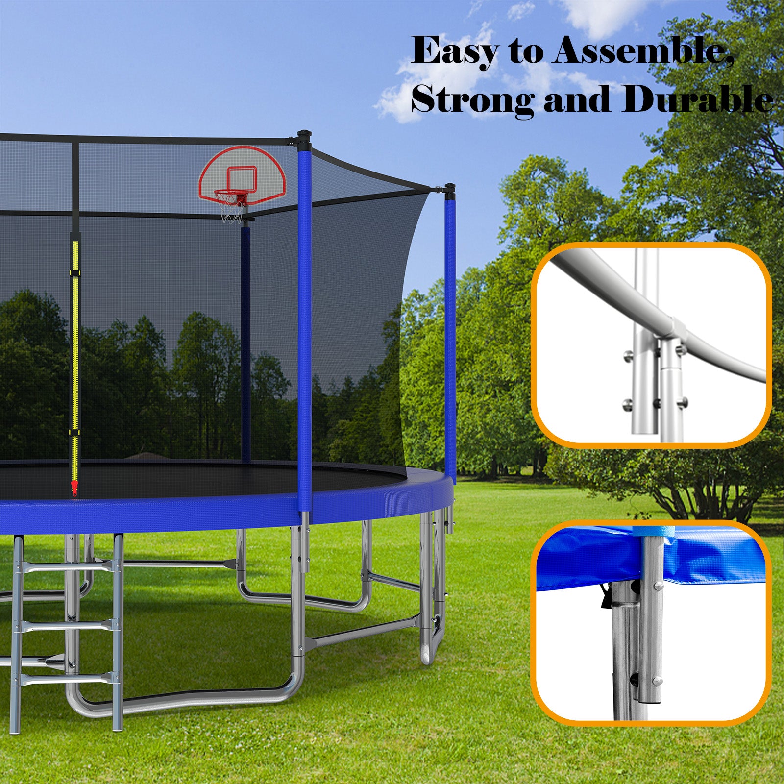 16Ft Trampoline With Balance Bar & Basketball Hoop&Ball, Astm Approved Reinforced Type Outdoor Trampoline With Enclosure Net Antique Blue Metal
