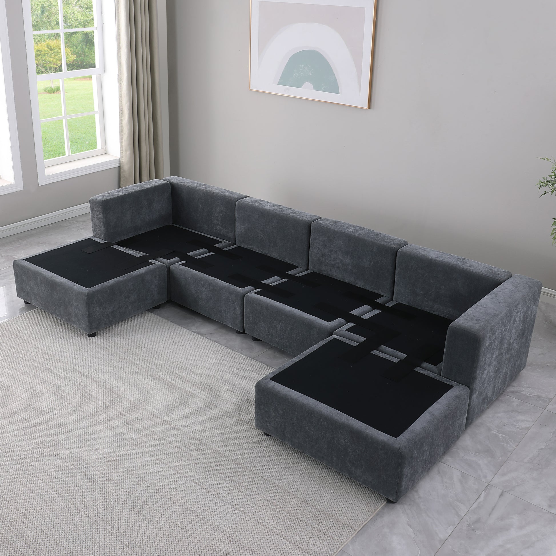 123.6" Modular Sectional Sofa, Convertible U Shaped Sofa Couch, Modular Sectionals With Ottomans, 6 Seat Sofa Couch With Reversible Chaise For Living Room. Chenille Grey Grey Chenille Fabric 6 Seat