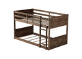 Twin Over Twin Floor Bunk Bed With Panelled Headboard And Footboard, Solid Rubber Wood Foundation With Safety Guardrails, Built In Ladder,Antique Oak Twin Antique Dark Oak Rubber Wood