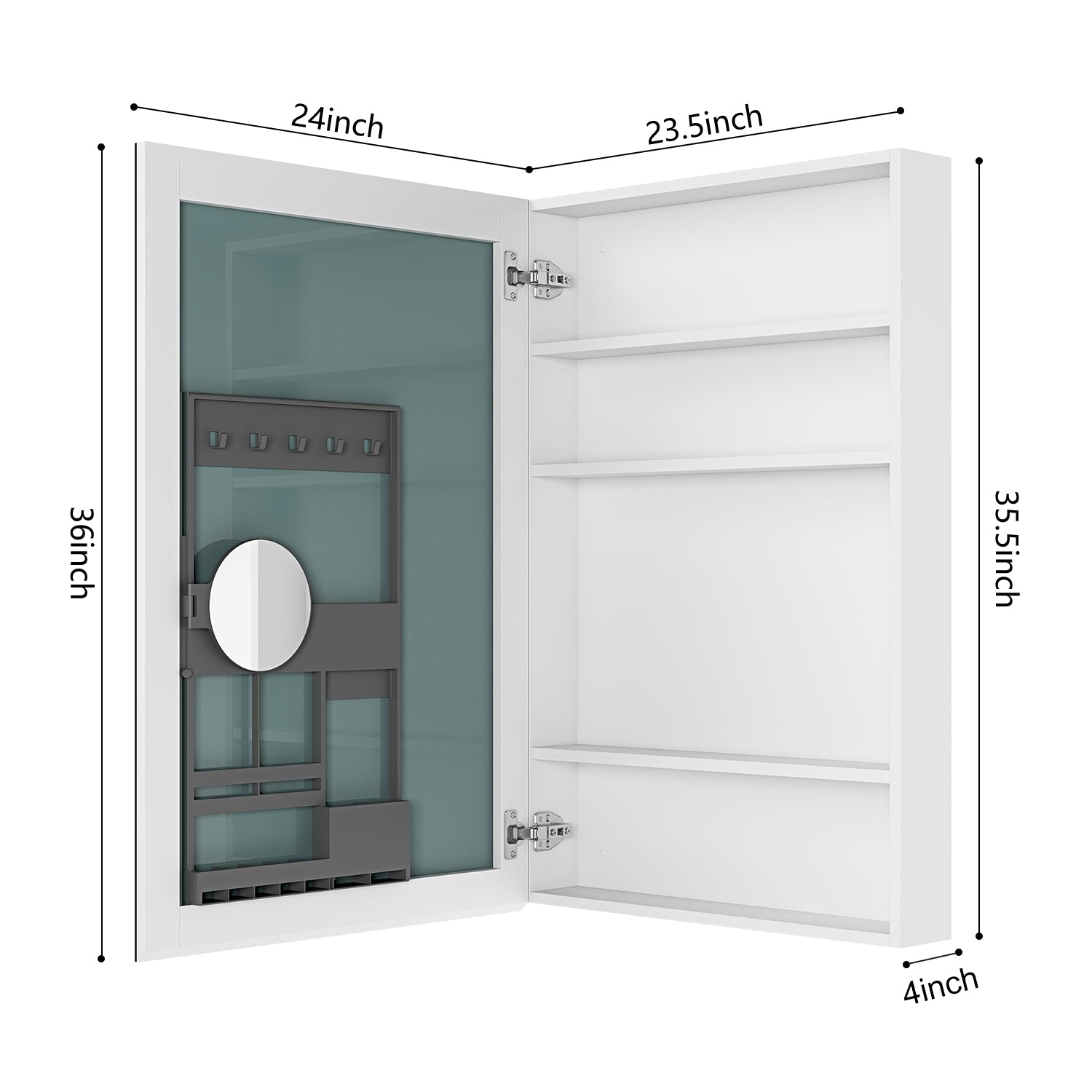 24'' W X 36'' H Bathroom Mirror Medicine Cabinet Wooden Door Medicine Cabinets For Bathroom, Wall Mounted Recessed Or Surface, Bathroom Mirror With Storage, Left Opening Door White Engineered Wood