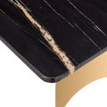 Table And Chair Set.The Table Has A Glass Top With Imitation Marble Pattern Stickers And Stainless Steel Golden Legs. Paried With Chairs With Pu Artificial Leather Backrest Cushions And Black Legs. Black Gold Seats 8 Glass Metal