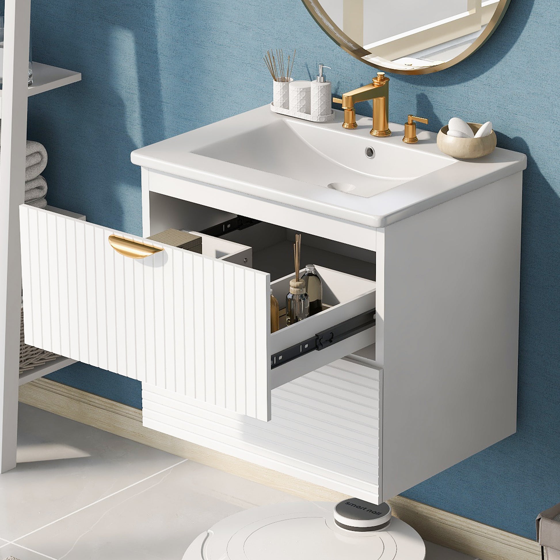 Modern 24 Inch Wall Mounted Bathroom Vanity With 2 Drawers, White Ideal For Small Bathrooms White Bathroom Mdf