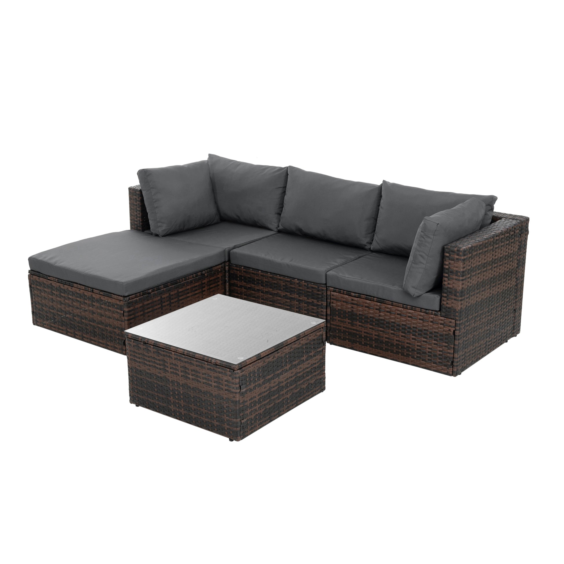 Patio Furniture, Outdoor Furniture, Seasonal Pe Wicker Furniture, 5 Set Wicker Furniture With Tempered Glass Coffee Table Brown Seats 4 Pe Rattan Iron Waterproof Fabric