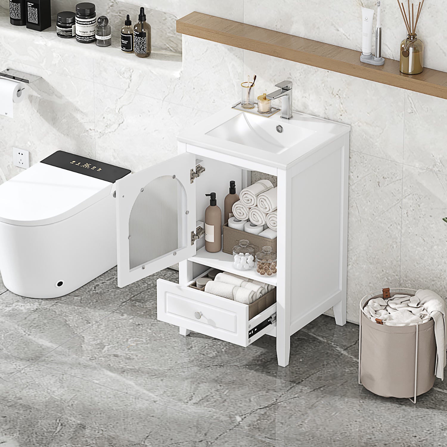 20" Bathroom Vanity With Sink, Bathroom Cabinet With Soft Closing Glass Door, A Drawer, White White Mdf
