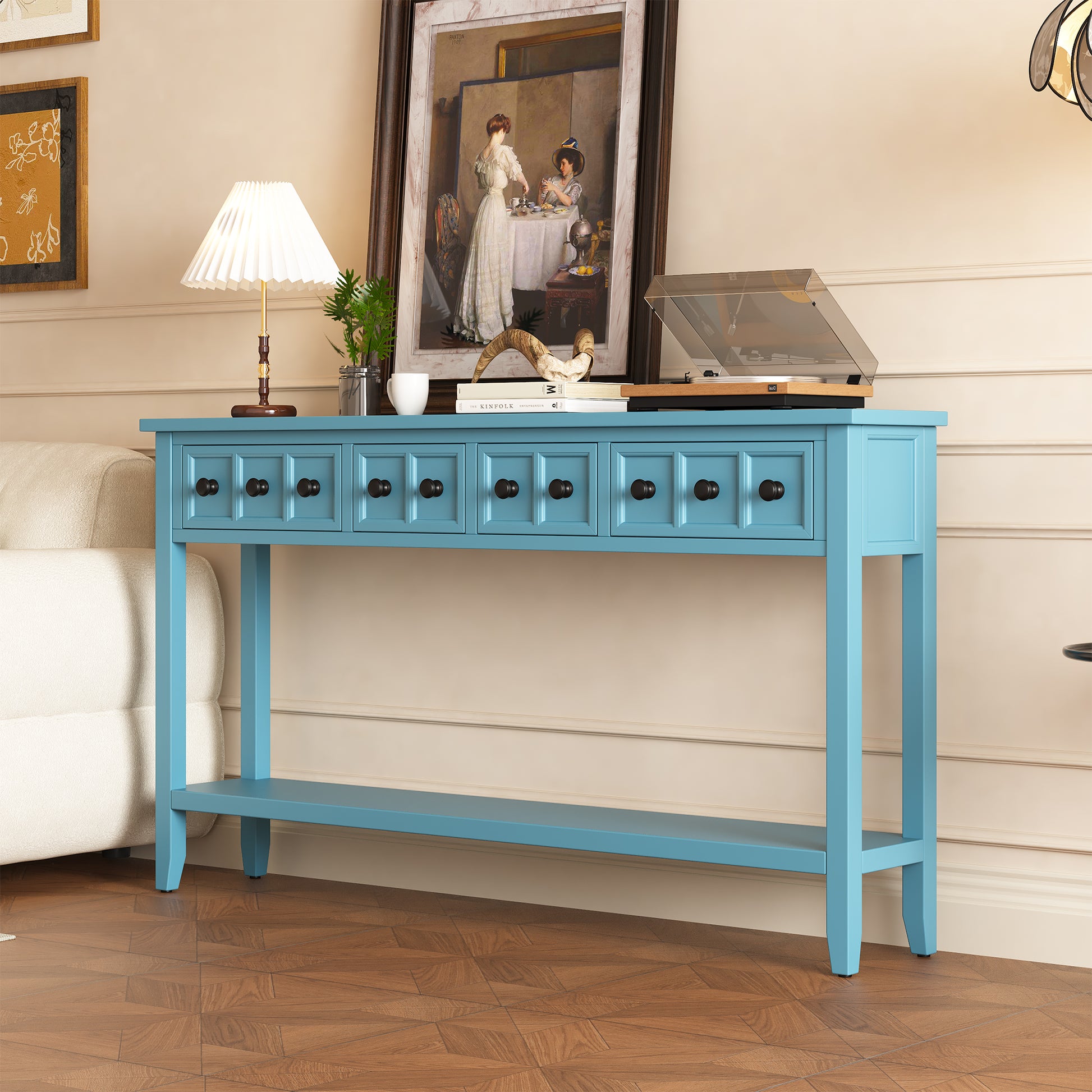 Rustic Entryway Console Table, 60" Long Sofa Table With Two Different Size Drawers And Bottom Shelf For Storage Turquoise Green Turquoise Green Solid Wood